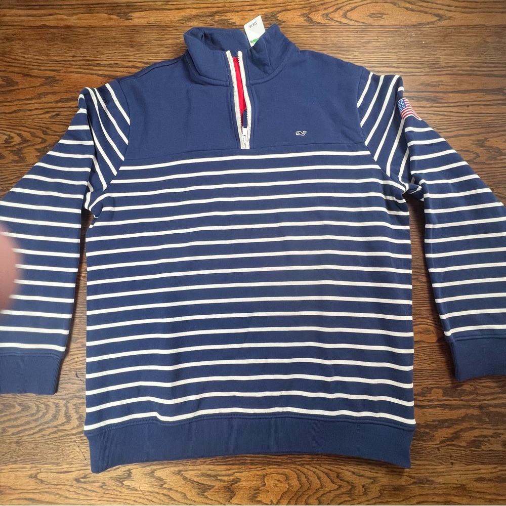 Vineyard Vines Men’s 1/4 Zip Pullover Navy Blue White Stripe USA Flag Whale Logo